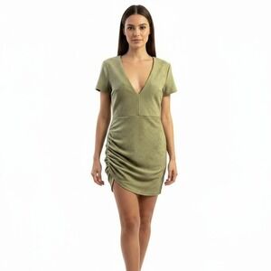 Akira Mini Dress Size Large Pale Green V-Neck Ruched Stretch Bodycon Cocktail
